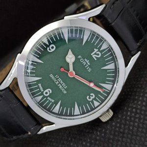 Vintage Mechanical 1975 Fortis Mens silverWatch , green face and Leather Strap